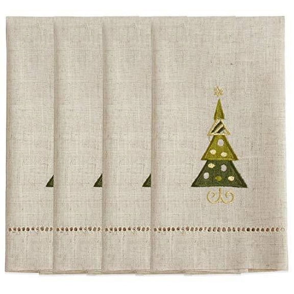 Fennco Styles Embroidered and Hemstitched Design Christmas Tree Linen-Poly Guest Towels 14 x 22 Inch, Set of 4