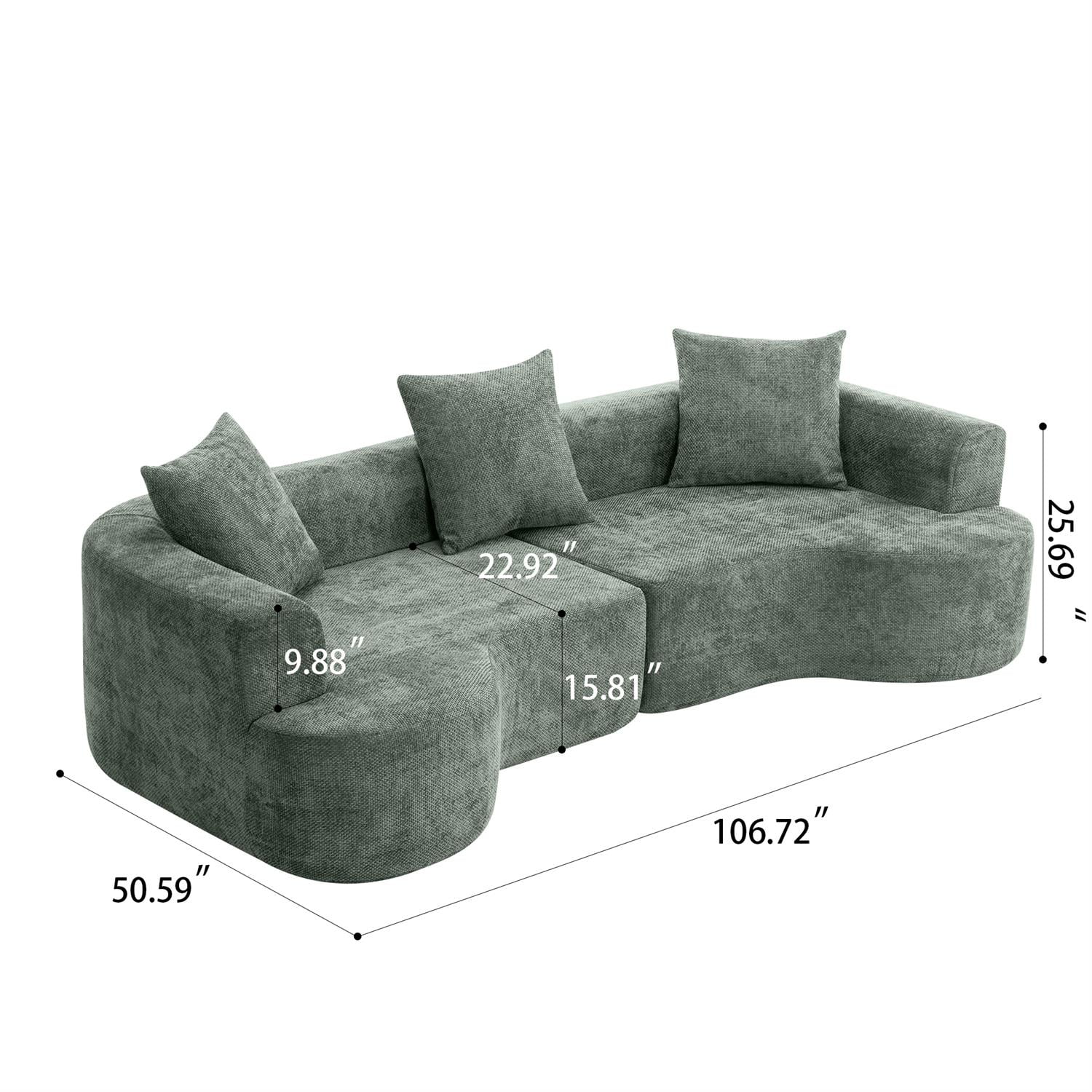 Demi Bonn 106" Moon Shaped Modern Sofa Bed, Deep Seat Cat Waist Sectional, Chenille Fabric Compressed Sponge Couch for Living Room, Green