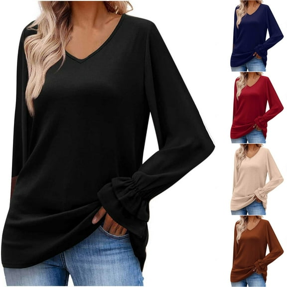 ATOYSOY Outwear Solid Color Pullover V Neck Shirts Fall Winter Loose Blouse for Women Casual Dress Sweatshirts Long Sleeve Tops Trendy Black L