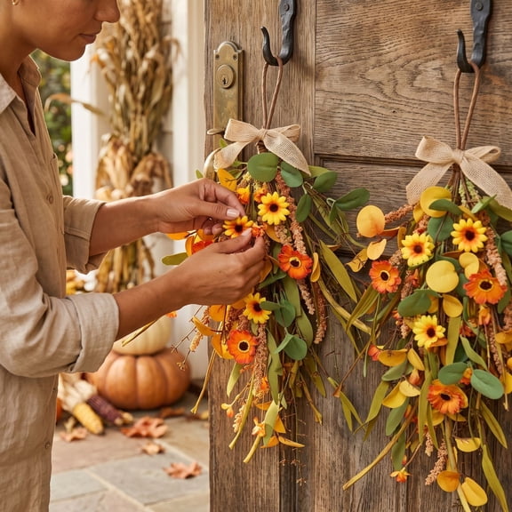 Fall Wildflower Door Swag with Artificial Sunflowers and Autumn Leaves, Harvest Floral Spray, Thanksgiving Decoration for Doorways, Walls, Mantels and Indoor Seasonal Displays