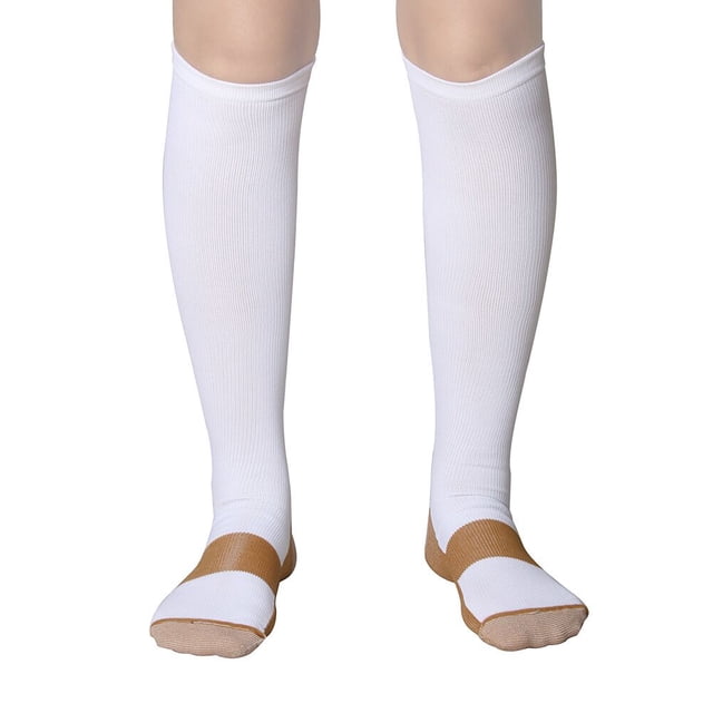 Bas de Compression pour Course Hommes Femmes Chaussettes de Sport Marathon Chaussettes de Randonnée 20-30mmHg Ajustement Vol Grossesse Varices QYS1004-Blanc G-TG