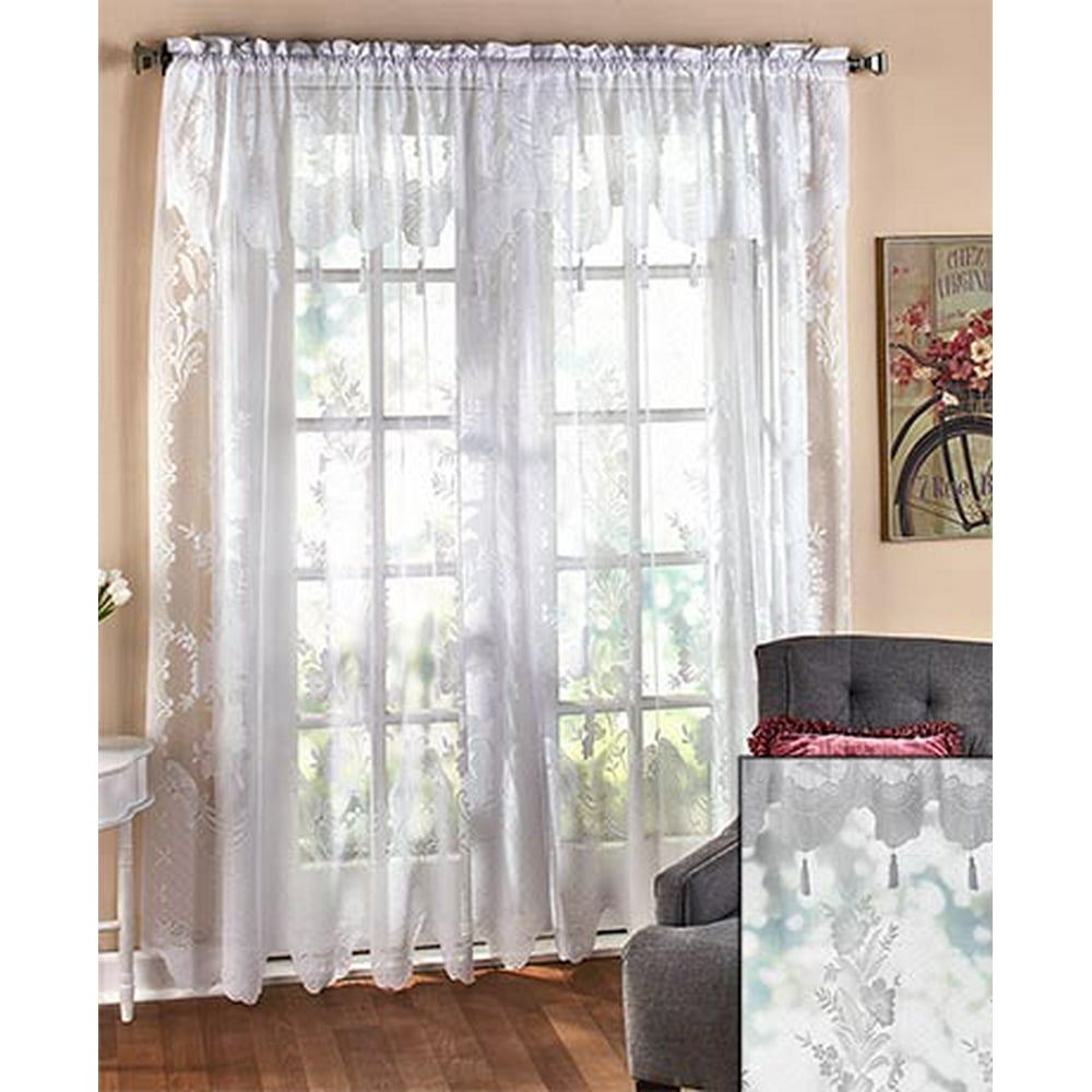 84" White Lace Curtain w/Attached Valance & Tassle Window Panel
