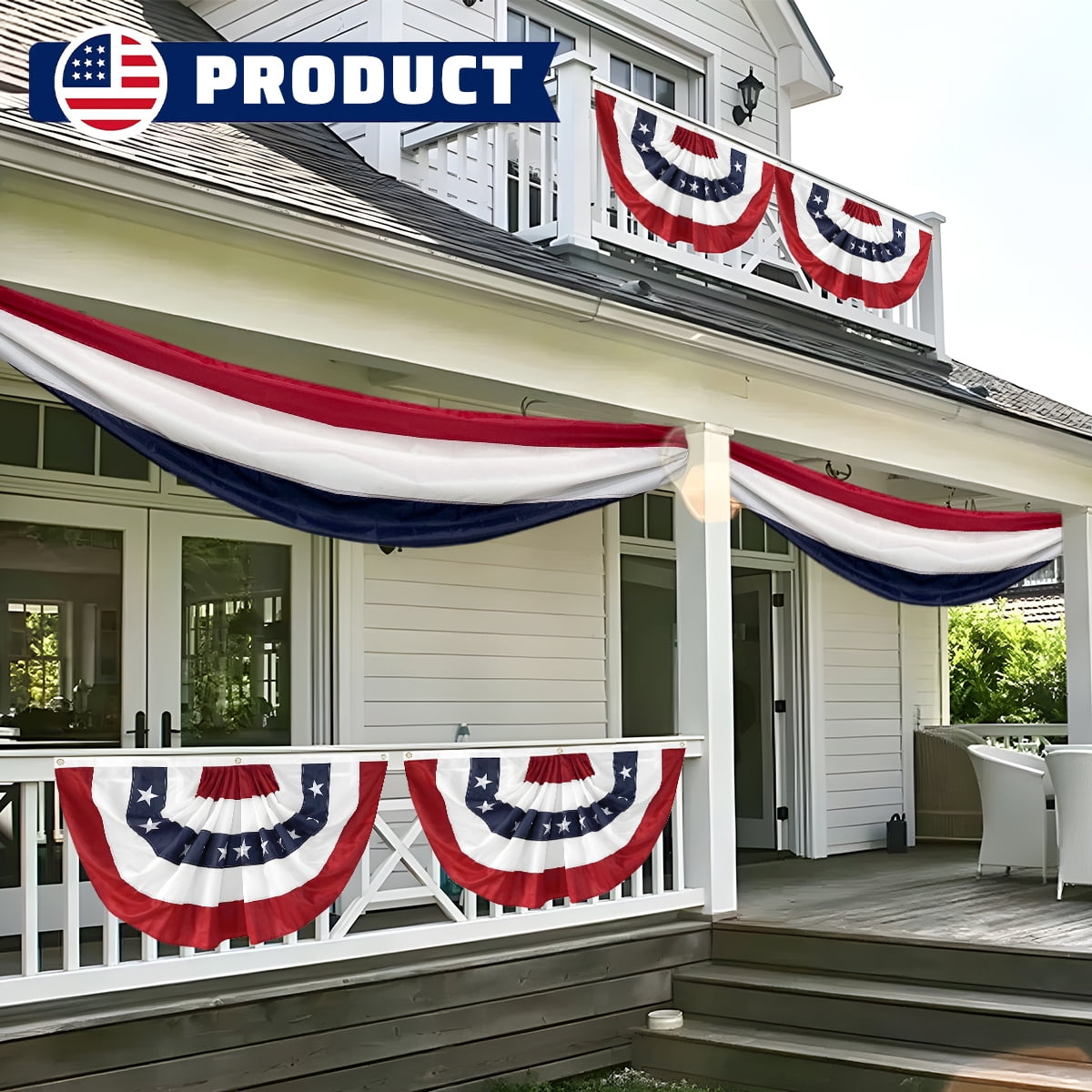 Tivamiko 1pcs 2x4ft Patriotic Pleated Fan Flags with Embroidered Stars- American Bunting for 4th of July Porch & Garden Décor