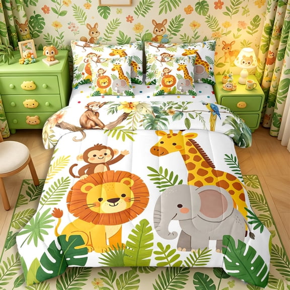 Castle Fairy Cute Watercolor Jungle Lion Giraffe Elephant 7-Piece Twin Bedding,Cartoon Animal Bedding Comforter Set,Green Brown White,Reversible