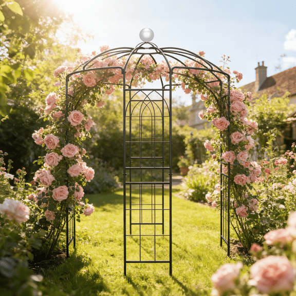 Metal Garden Arch Iron Garden Arbors Gazebo Dia81.3'' x 114.2'' High Birdcage Shape Pergola Pavilion for Wedding Ceremony Outdoor Black