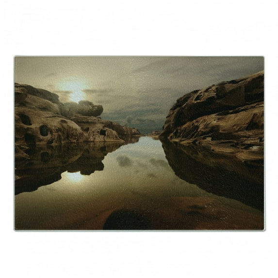 Nature Cutting Board, Sunrise over Secluded Rocks in Calm Lake Beaming Sun Reflections on Water Cloudy Sky, Decorative Tempered Glass Cutting and Serving Board, Small Size, Multicolor, by Ambesonne