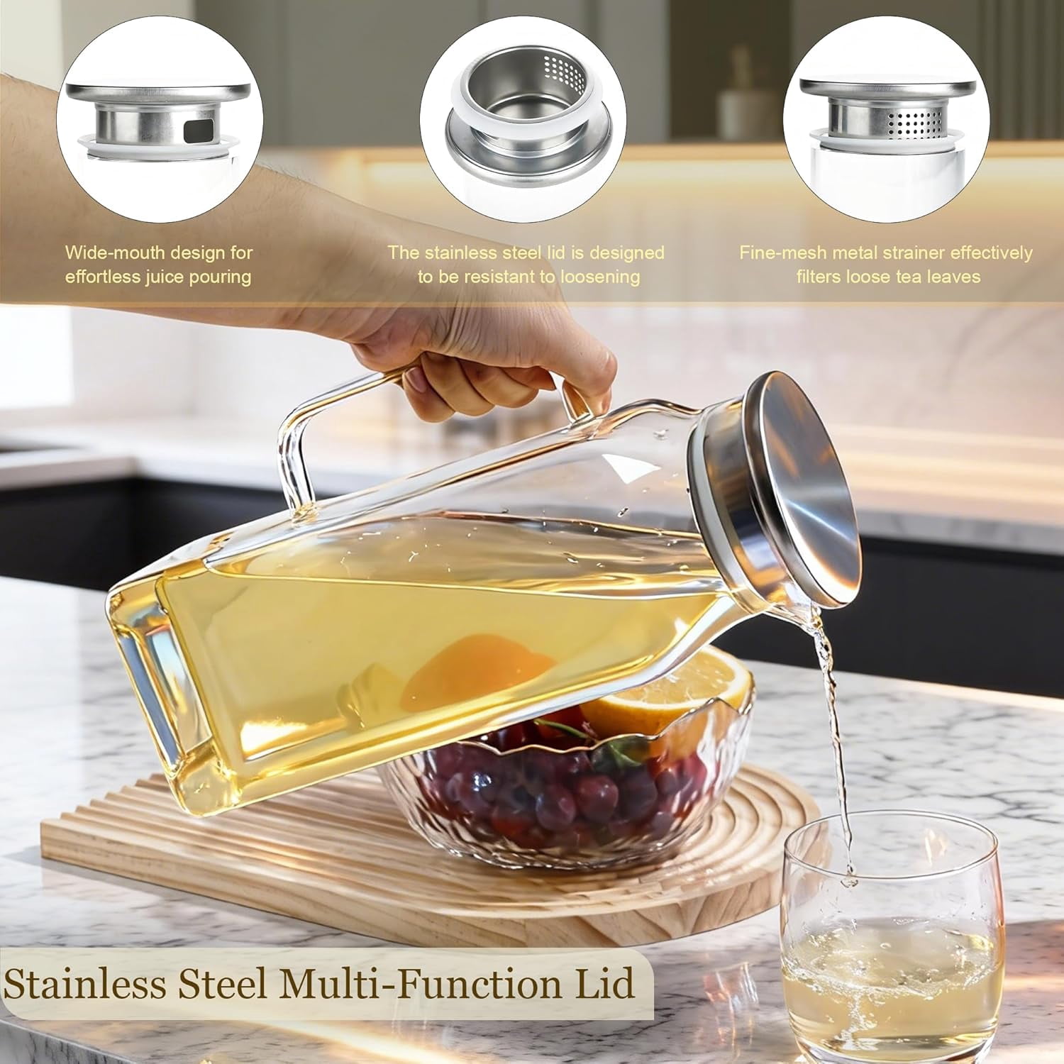 2 Pack 68 oz Square Glass Pitcher with Lid and Handle for Fridge, Iced Tea and Coffee Carafe Beverage Serveware, Heat Resistant Borosilicate Water Jug for Hot/Cold Drinks and Milk