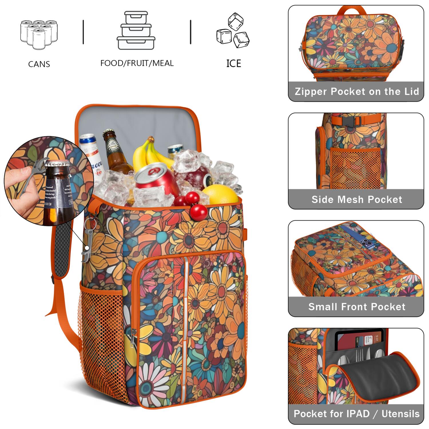 Travel Cooler Bag - Pioneer Flower Floral Print Pattern Camping Beer Cooler Backpack with Bottle Opener- Waterproof Insulated Picnic Backpacks - Cooler Bag for Beach
