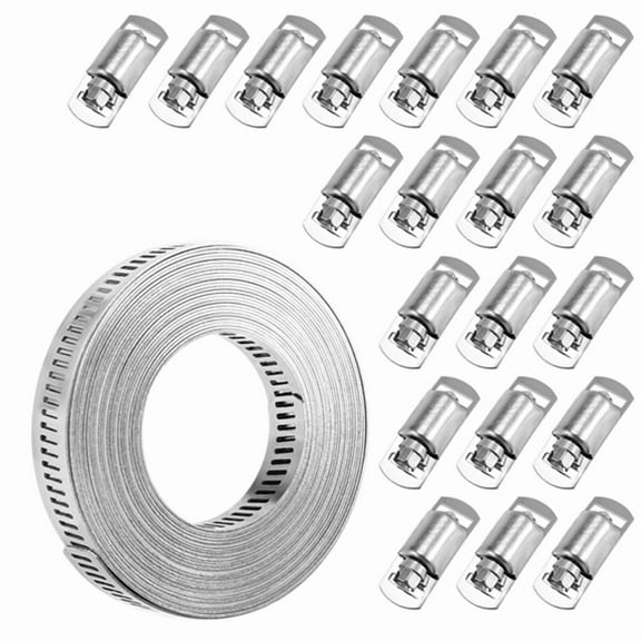 Hose Clamps 20FT Metal Strap 20 Fasteners DIY Cut-To-Fit Stainless Steel Band Clamps Adjustable Large Worm