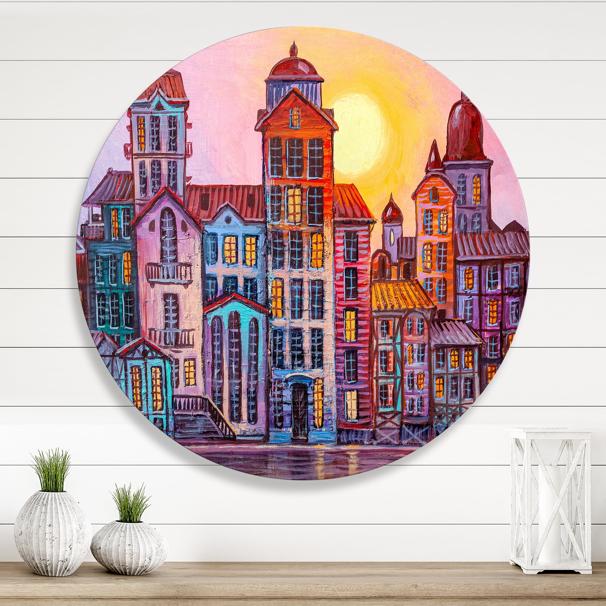 Designart 'Afternoon Street Scene In Old Town With Colorful Buildings' Mid-Century Modern Circle Metal Wall Art 23x23 - Disc of 23