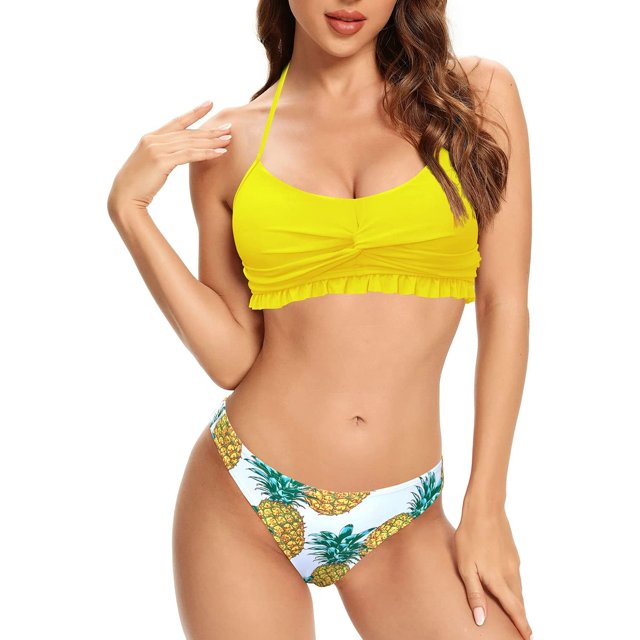 Halter Impreso Twist Front Bikini Ruffle Trajes de baño de Cintura Baja Amarilla CH Amarilla CH Xishao ropa