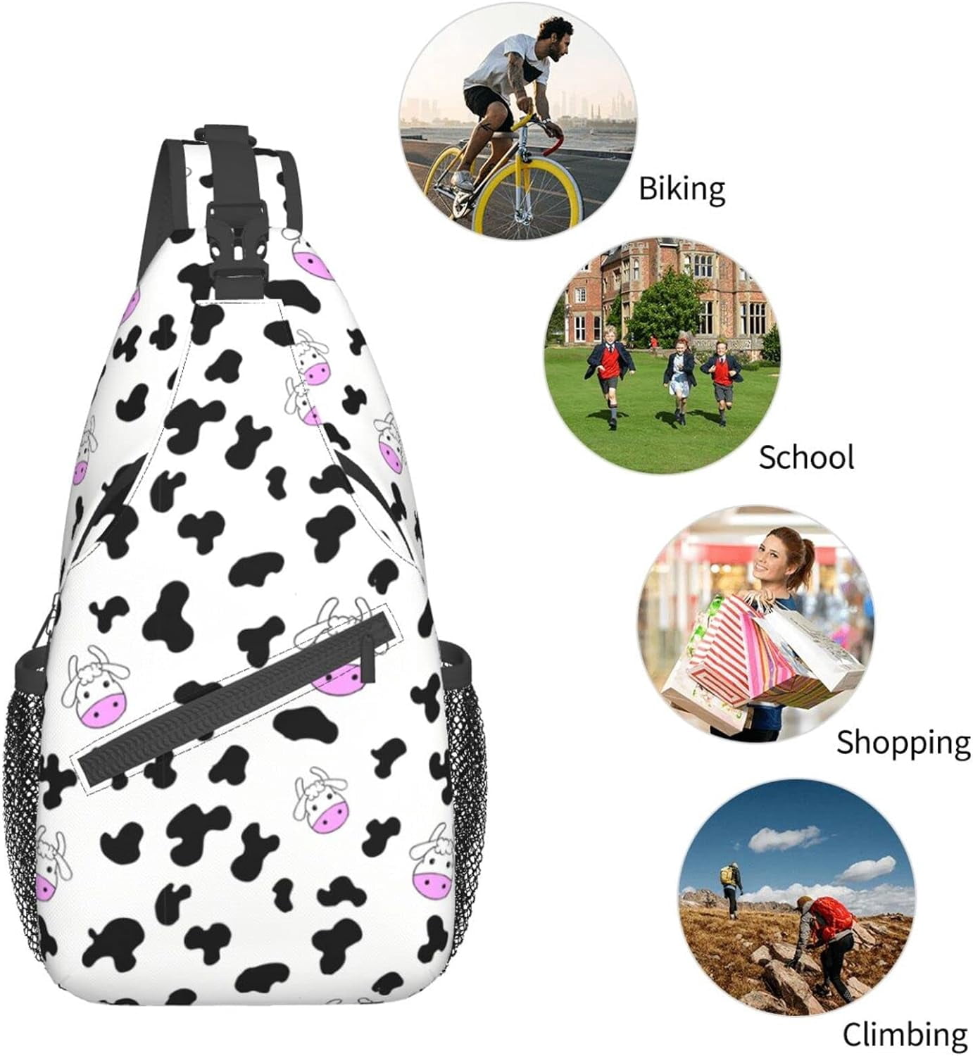Cartoon Cow Pattern Sling Bag Crossbody Hiking Travel Chest Bags Backpack Shoulder Daypack for Women Men