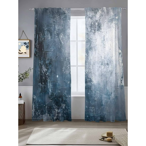 Abstract Graffiti Sheer Curtains 108 Inches Long 2 Panels Navy Blue White Oil Painting Style Light Filtering Semi Sheer Window Curtains Drapes for Bedroom Living Room 52"x108"