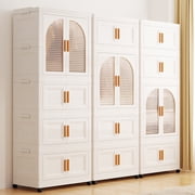 Fitfort Folding Wardrobe Storage Cabinet, 25.6 x 14.6 x 51.2 in, Plastic with Magnetic Door and Wheels, Includes 1 Wardrobe Level, 2 Folding Boxes,10 Hangers and 4 Hooks