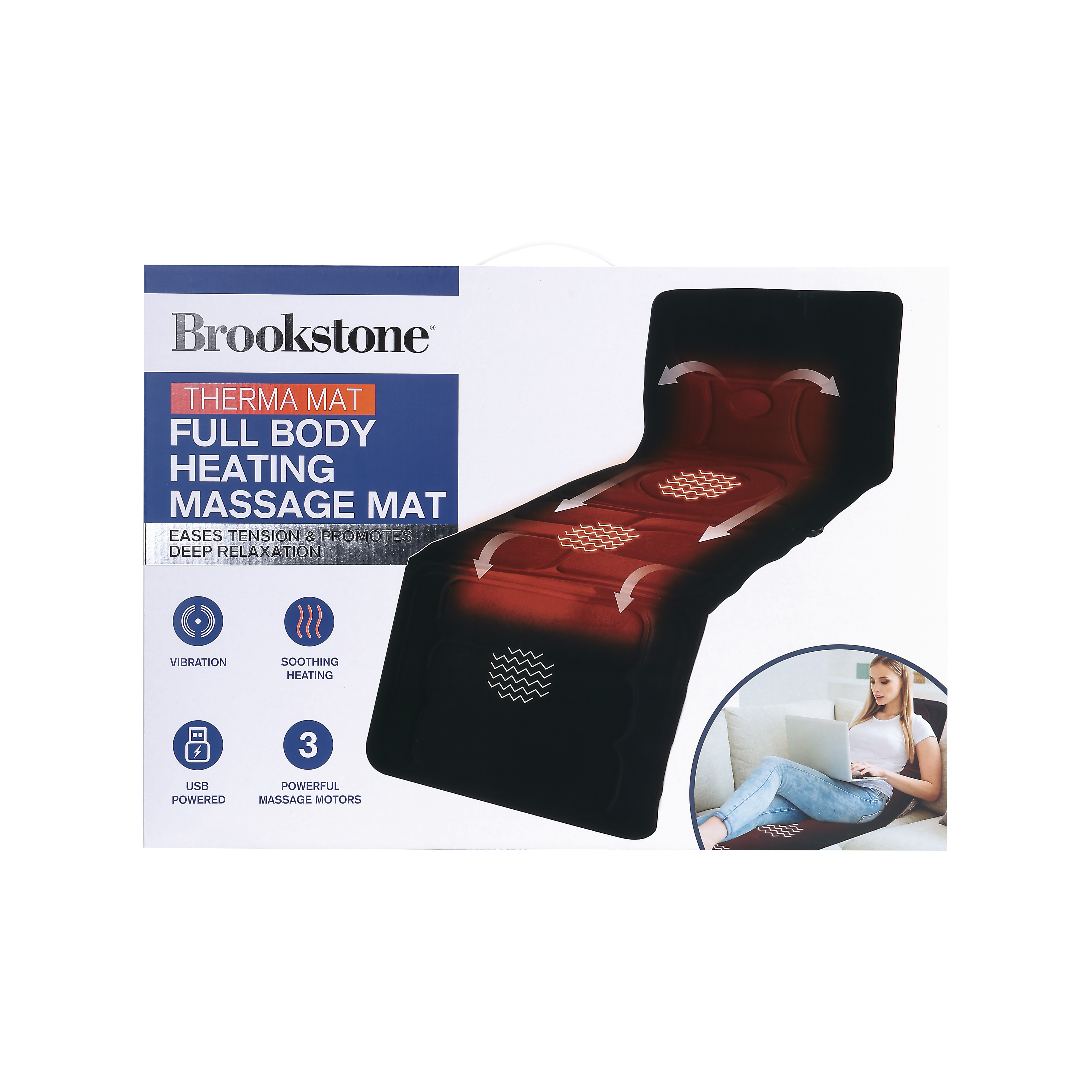 Brookstone Therma Mat Full Body Heating Massage Mat, USB Powered with 3 Massage Motors and Soothing Heat for Neck, Back, and Leg Relief, Foldable Portable Relaxation Pad