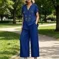 thumbnail image 2 of Botanical Embroidered Linen Set for Women, V-Neck Short Sleeve Tunic Top with Wide Leg Palazzo Pants - Boho Summer Vacation Co-ord Outfit Navy XXXL, 2 of 8
