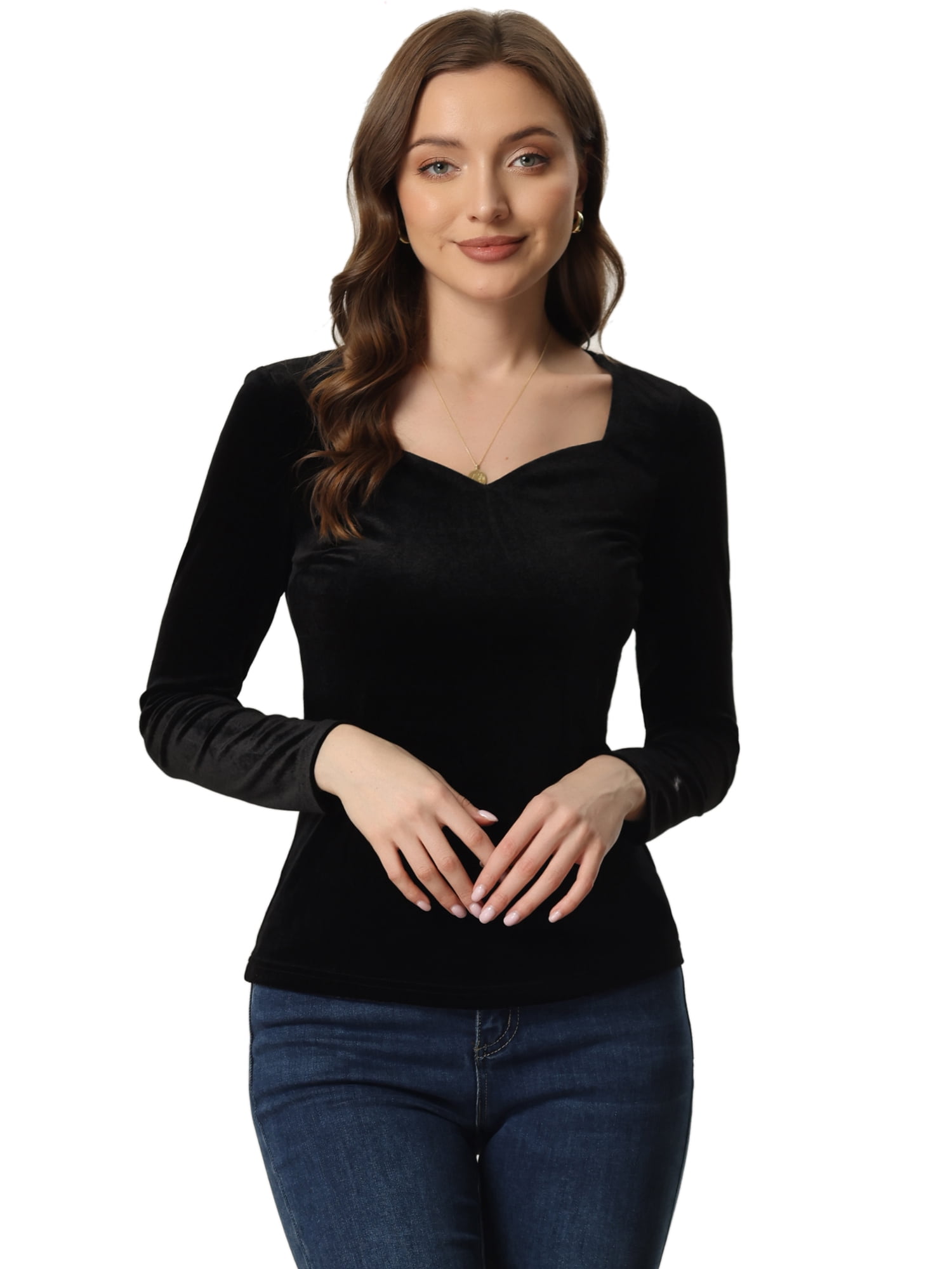DARING DIVA Women's Velvet Sweetheart Neck Long Sleeves T-Shirt XL Black