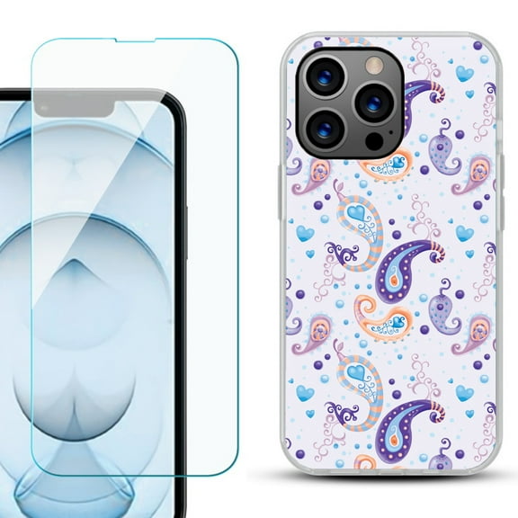 Slim-Fit Gel TPU Phone Case for iPhone 13 Pro Max, with Tempered Glass Screen Protector, by OneToughShield ® - Paisley Purple