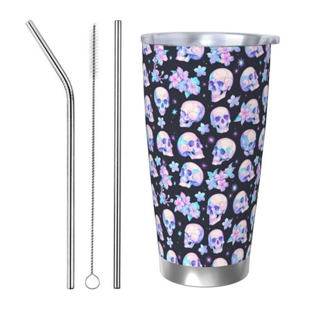 

Qekee crystal flower Skull Print 20OZ Car Cup Stainless Steel Vacuum Insulated Tumbler Tumbler Cup With Lid And Straw Travel Coffee Mug-Straw Three-piece Set