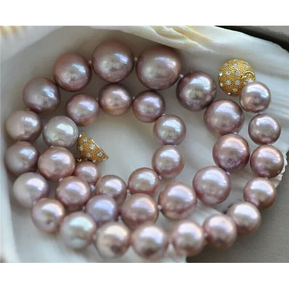 K-KED Natural 12-14mm Lavender Round Edison Keshi Pearl Necklace CZ 18"