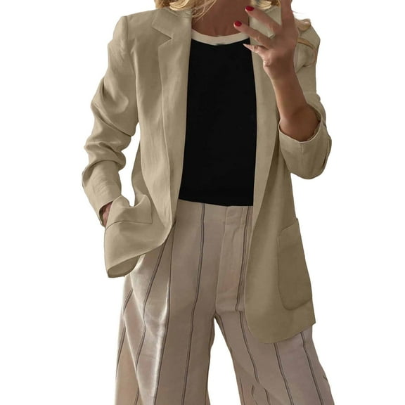 Yigetop Suit Jackets for Women, Turn Down Collar Tie Up Women Elegant Lady Long Sleeve with Belt Professional Blazers for Women Beige L