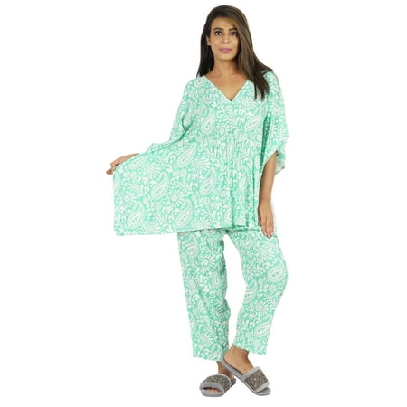 

Phagun Pajamas Set For Women Printed Kaftan Sleepwear kimono Sleeve Asian Nightwear