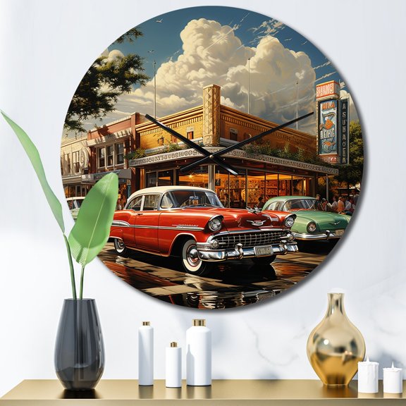 Designart "Retro Reverie in Red Mid Century" Transportation Oversized Wall Clock