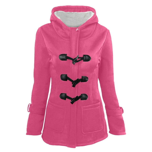 Winter Coats For Women Solid Color Horn Buttons Cardigan Padded Hooded Coat Jacket Overcoat