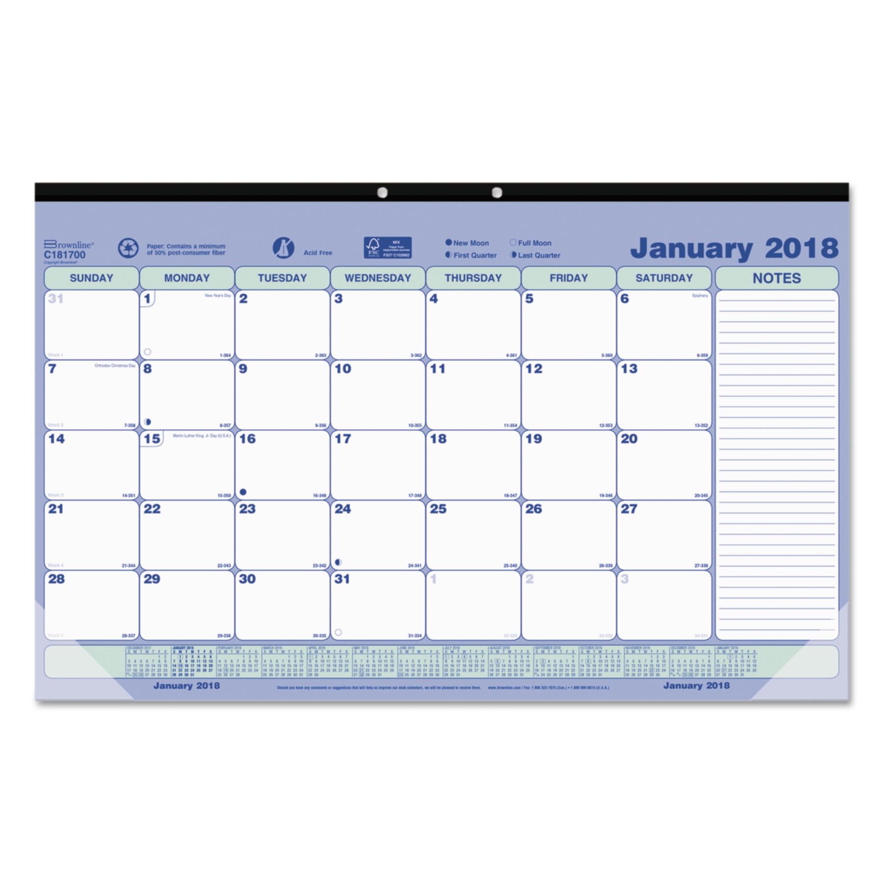 Brownline Monthly Desk Pad Calendar, 17 3/4 x 10 7/8, 2018