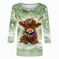 thumbnail image 4 of CLOISE Womens Tops 3/4 Sleeves Plus Size Christmas Cow Crew Neck Shirts Pullover Tee Slim Festive Holiday Photos Outfits Green 2XL, 4 of 5
