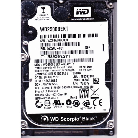 WD2500BEKT-60A25T1, DCM HECTJHBB, Western Digital 250GB SATA 2.5 Hard Drive