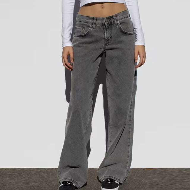 Women's Casual Jeans with Button Closure and Zipper Pockets - Solid Color Denim Pants for All Seasons