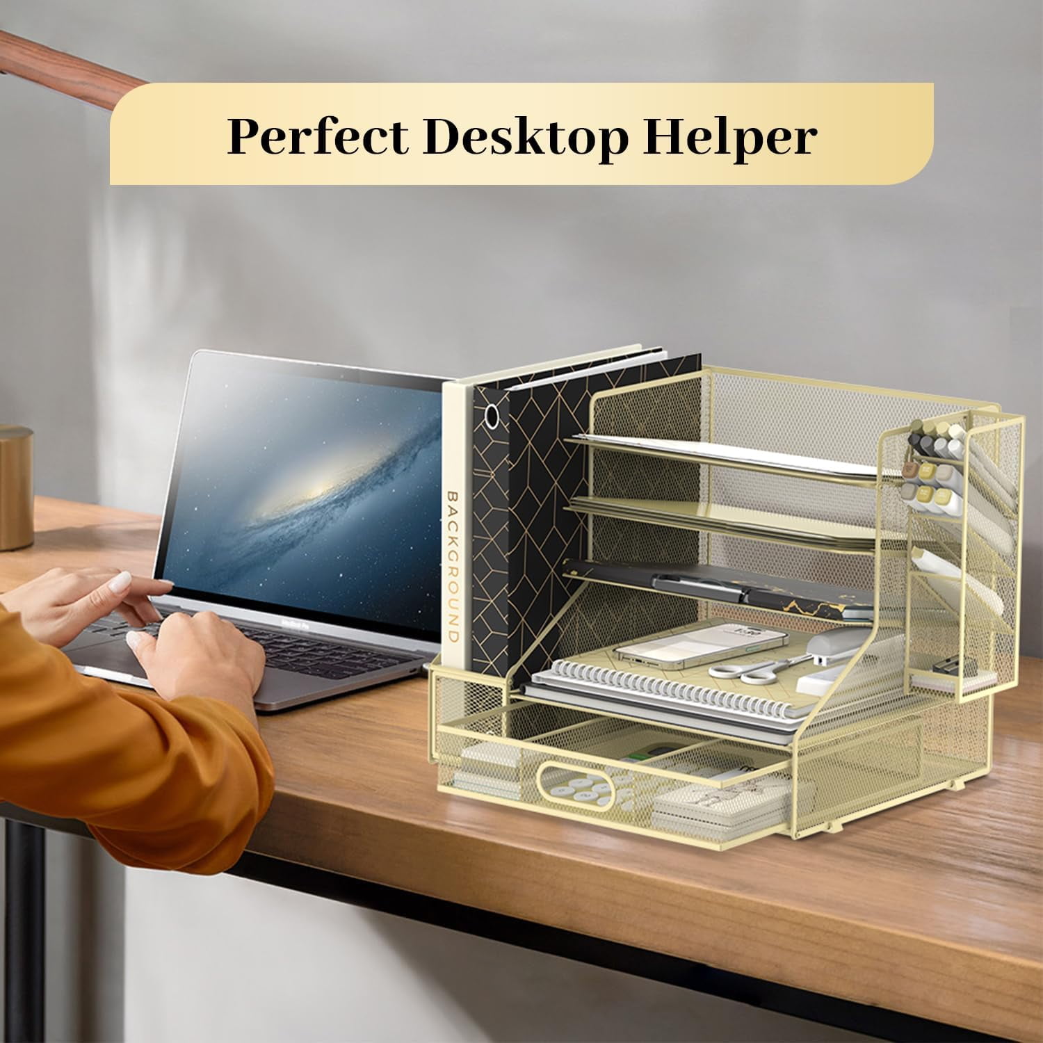 INTIGE 5-Tier Mesh Paper Organizer, Desk Organizer with File Holder, Pen Holder & Drawer for Desk Storage & Office Supplies