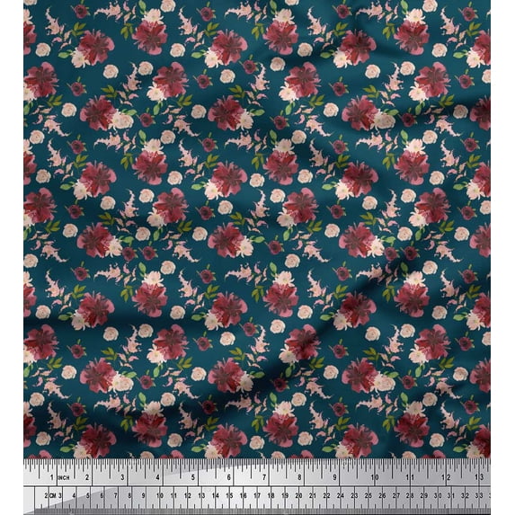 Soimoi Blue Cotton Cambric Fabric Leaves & Chrysanthemum Floral Fabric Prints By Yard 42 Inch Wide