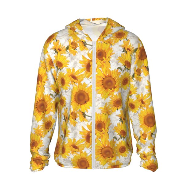 Fotbe White Marble Pattern Sunflower Chaqueta con Protección Solar UPF 50+ para Hombre y Mujer, Camisa con Capucha y Bolsillos-Small