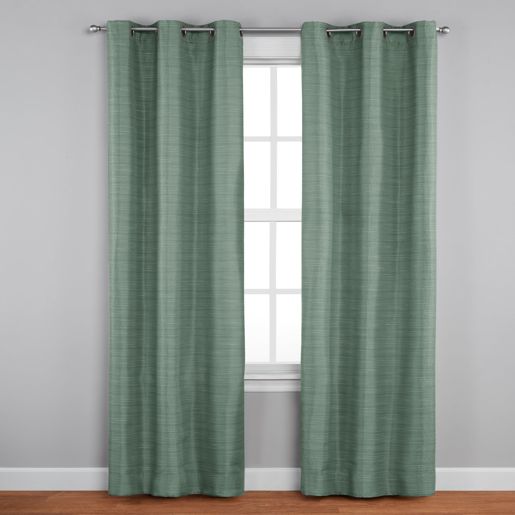 Mainstays 100% Blackout Green Curtains For Bedroom And Living Room, Thermal & Noise Insulation, Energy Saving Design With Linen Texture, 2 Panel Set