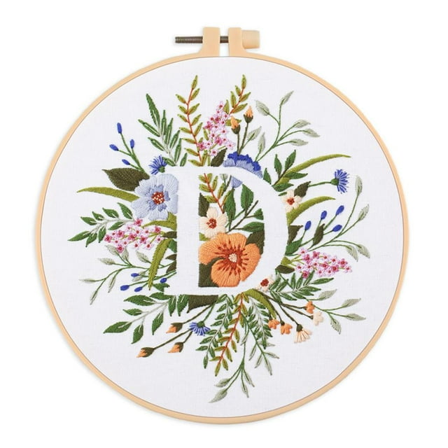 EastVita Embroidery Starter Kit for Beginners, Stamped Cross Stitch Kit with Floral Letter Pattern, DIY Embroidery Kit with Embroidery Cloth Hoops Instructions Needles Threads