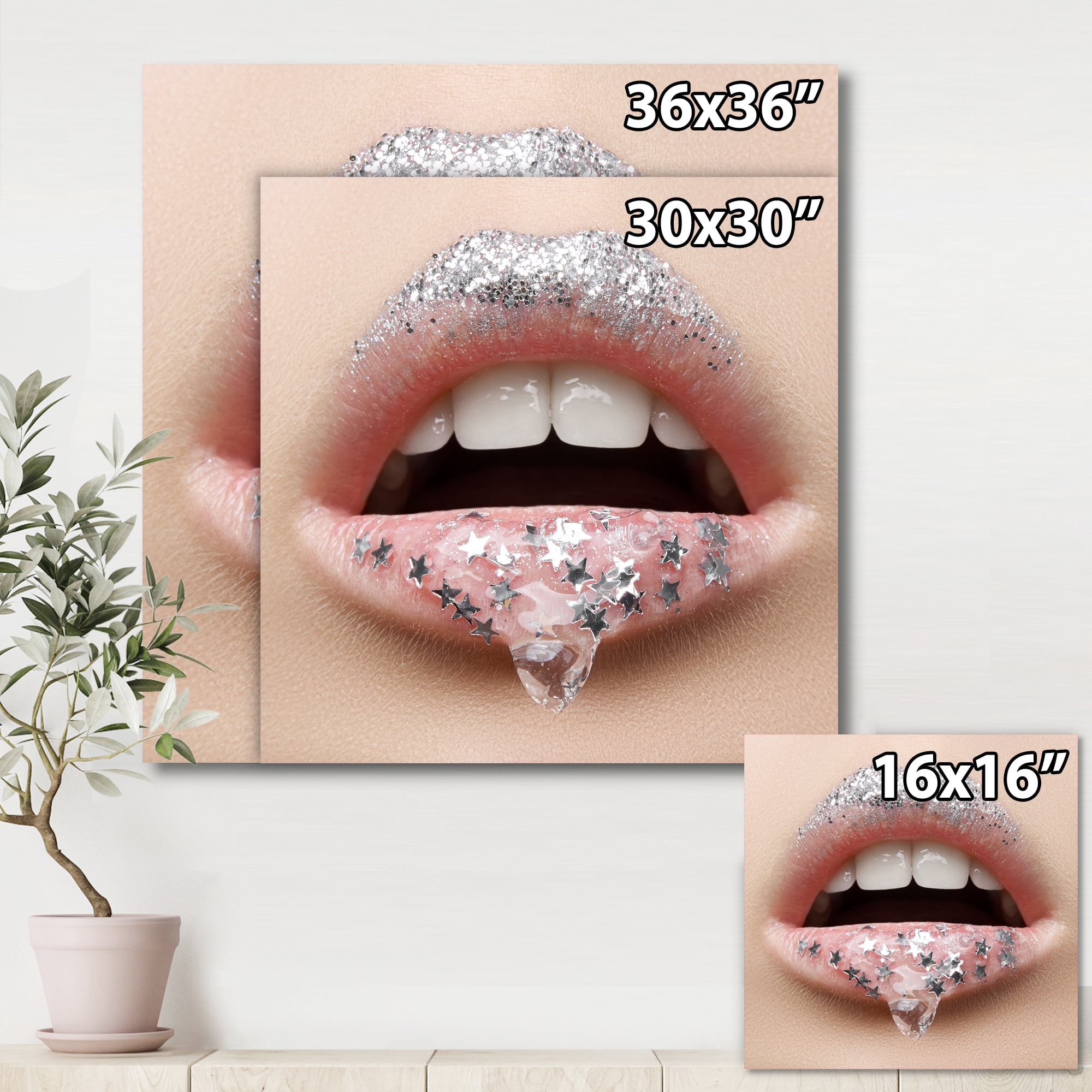 Designart ' Woman Lips With A Gel On The Lips & Stars ' Modern Canvas Wall Art Print