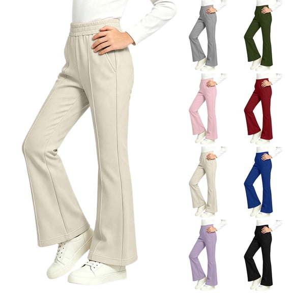 Spazoro Girls Flare Pants with Pockets, Flare Leg Loose Fit Elastic Waist Stretchy Solid Color Warm Casual Trousers for Daily Wear Beige Size 6