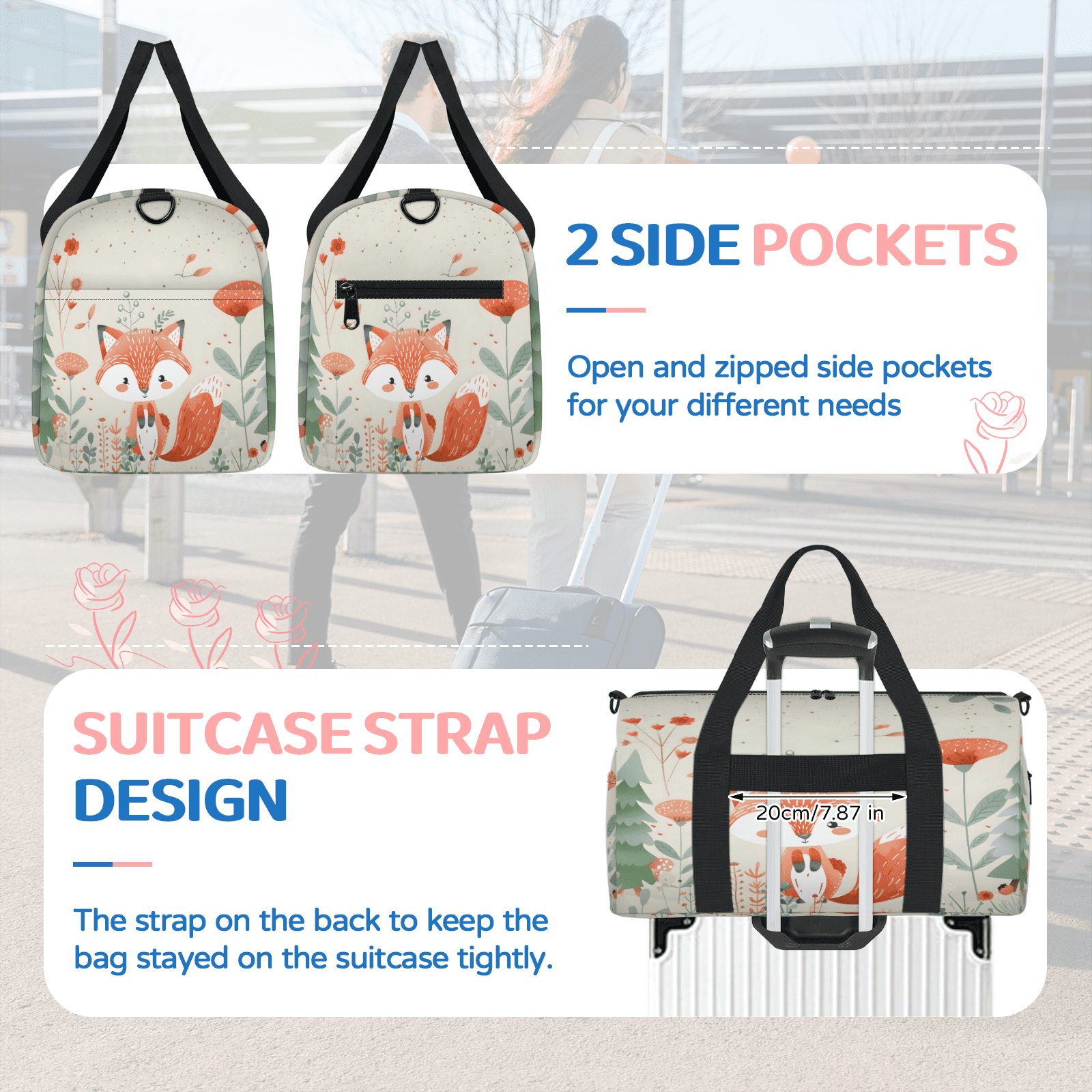 Herdesigns Fox Animals Cute Wildlife Gym Bag for Women, Duffle Bag for Travel Sport, Lightweight Waterproof Carry on Weekender Overnight Dance Yoga Workout Bags