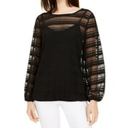 Alfani Womens Blouse Medium Petite Sheer-Stripe Balloon-Sleeve Black PM