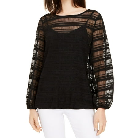 Alfani Womens Blouse Medium Petite Sheer-Stripe Balloon-Sleeve Black PM