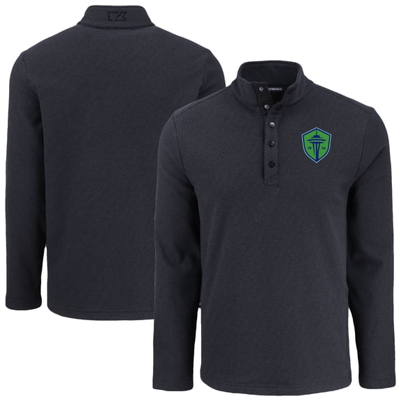 Men's-Cutter & Buck  Black Seattle Sounders FC Hunts Point Eco Textured Fleece Recycled Quarter-Snap Pullover Top