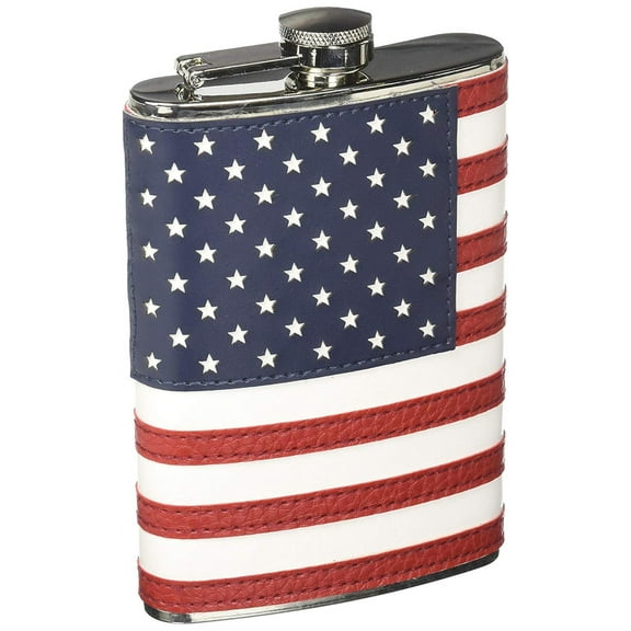 Hip Flask Holding 8 oz - American Flag Design - Pocket Size Stainless Steel Rustproof Screw-On cap - Blue Red and White Finish