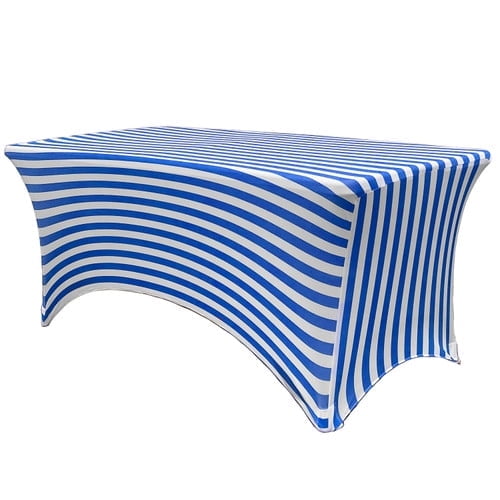 YCC Linens - 6 FT Durable Rectangular Spandex Table Cover Royal Blue and White Striped
