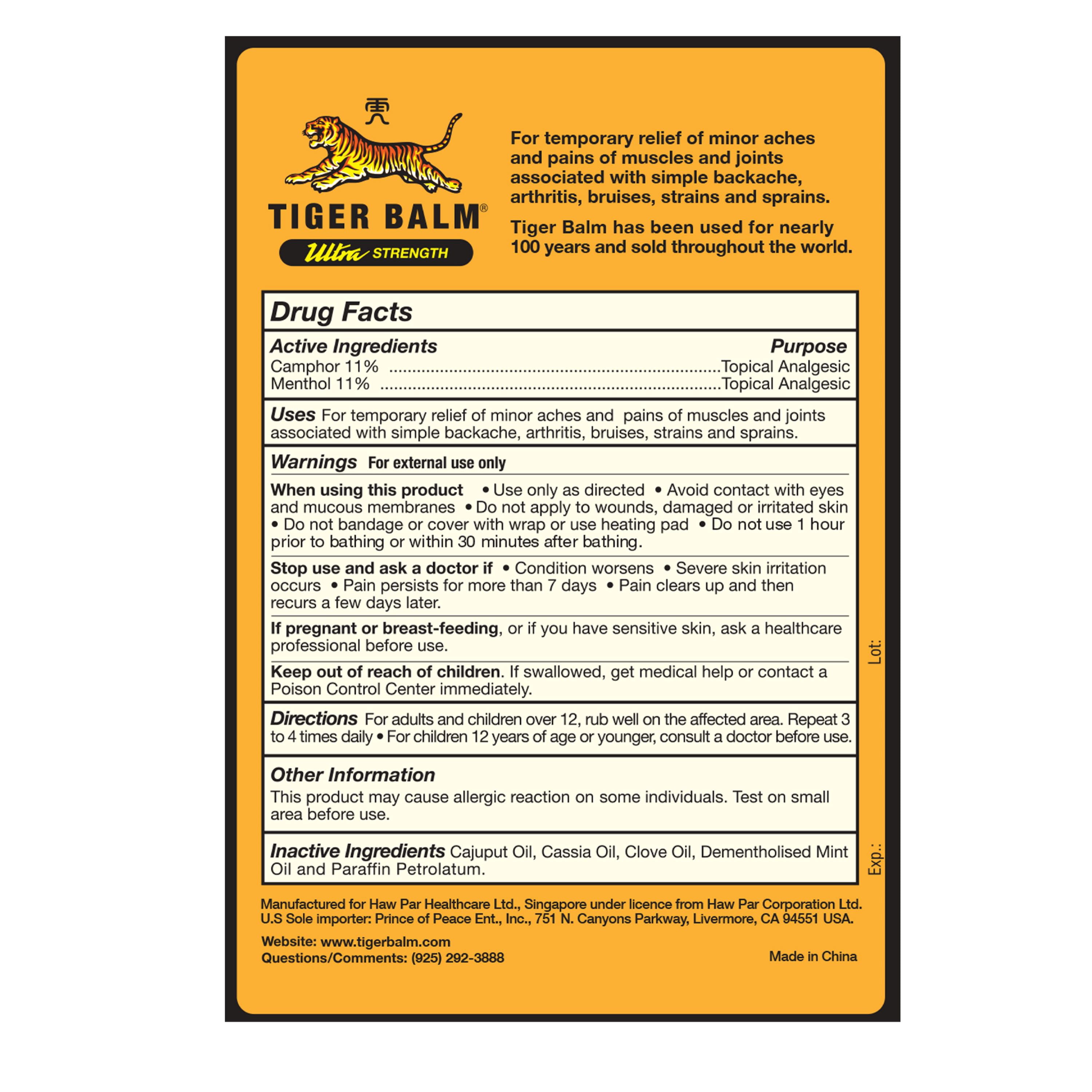 (2 pack) Tiger Balm Ultra Strength Pain Relief Ointment, 0.63 oz Jar, Relieves Backaches, Sore Muscles, Strains