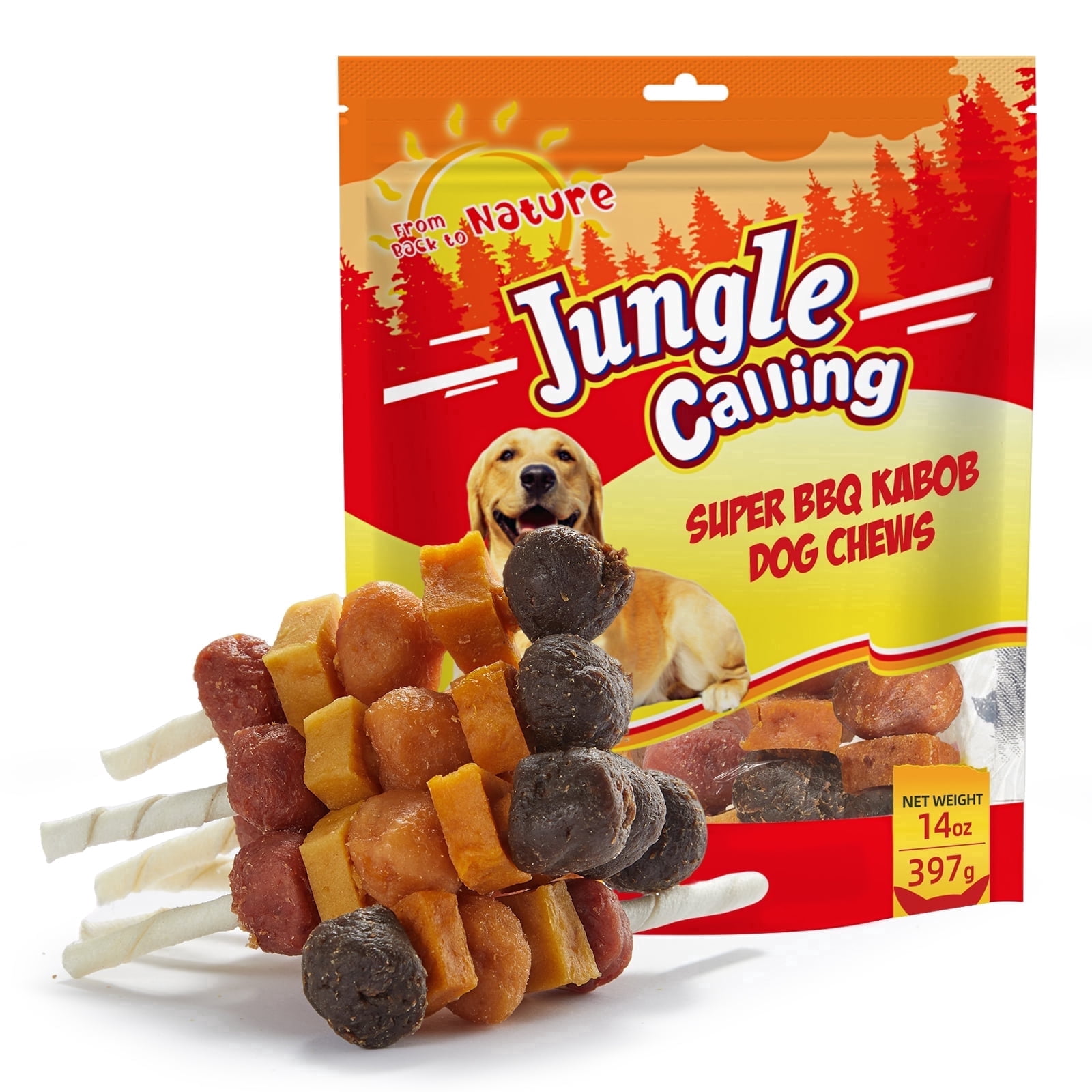 (3 pack) Jungle Calling Chicken, Duck, Beef, Sweet Potato & Pumpkin Rawhide Kabob Dog Treats, 14-oz bag
