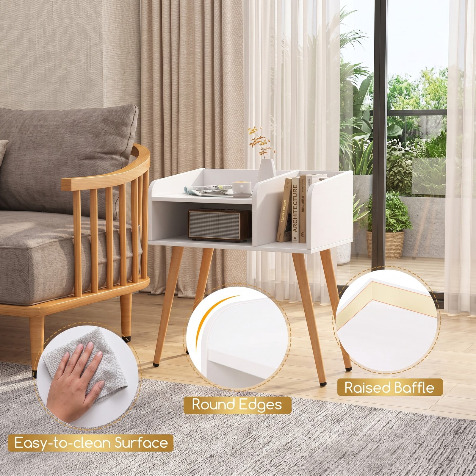 Furnibear Mid Century Modern Nightstand with Open Shelves and Wood Legs for Bedroom Living Room and Small Spaces as a Bedside End Table, White