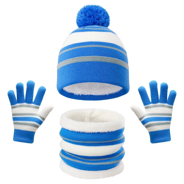 Conjunto de gorro y bufanda de invierno para niños de poliéster, a rayas con pompón, 3 piezas, cálido, para niños y niñas, ideal para esquí, patinaje, viajes y colegio