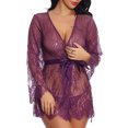 thumbnail image 4 of Women's Lace Trim Long Sleeve Belted Sheer Mesh Sleep Robe Nightgown, 4 of 9